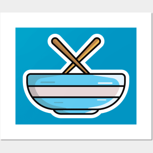 Chinese Bowl with Chopsticks Sticker vector illustration. Food and drink objects icon concept. Restaurant food bowl and sticks sticker vector design with shadow. Posters and Art